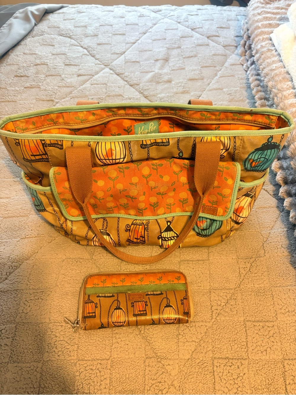 Fossil Key-Per Birdcage Print Tote/Handbag + Matching Wallet Y2K RARE set